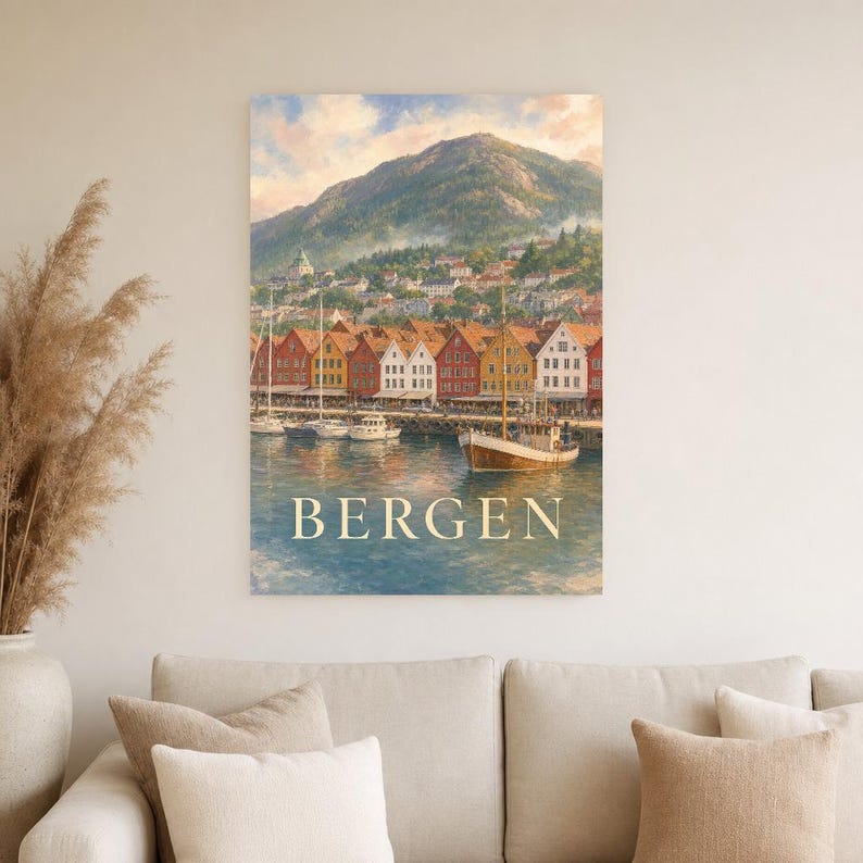 Bergen Travel Poster | Soft Painting Norway Wall Art | Named City Print | Printed & Shipped image 4