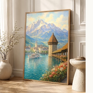 Reiseposter Vierwaldstättersee | Wandbild Schweiz (weiche Malerei) | Kunstdruck eines Sees in den Schweizer Alpen | Gedruckt & Versand Bild 1