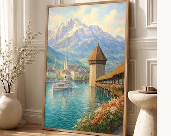 Lake Lucerne Travel Poster | Soft Painting Switzerland Wall Art | Swiss Alps Lake Print | Printed & Shipped