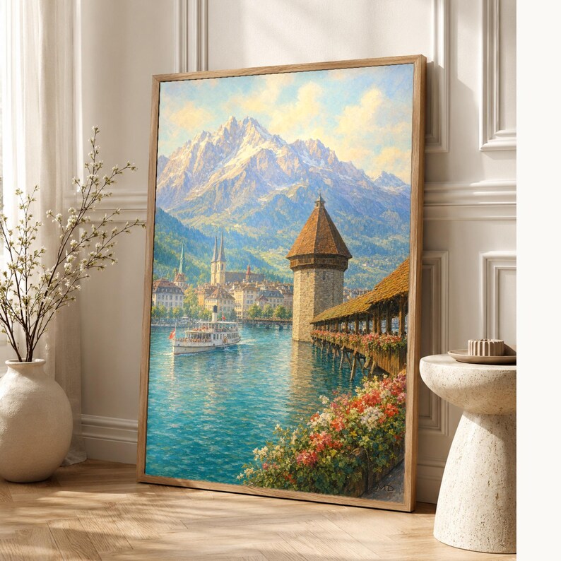 Reiseposter Vierwaldstättersee | Wandbild Schweiz (weiche Malerei) | Kunstdruck eines Sees in den Schweizer Alpen | Gedruckt & Versand Bild 1