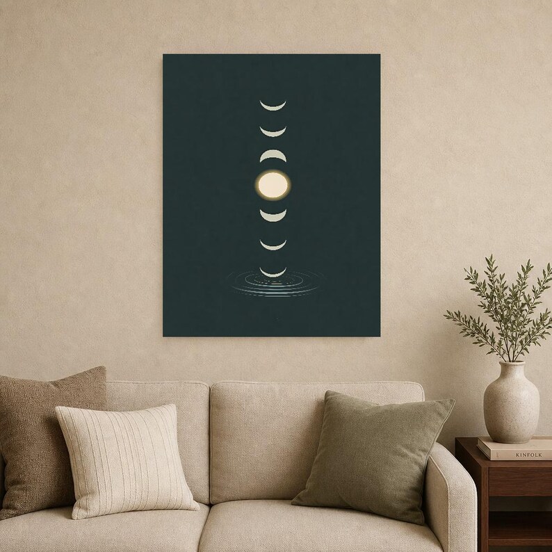 Emerald Moon Phase Wall Art | Zen Water Ripple Poster | Dark Japandi Moody Minimalist Print image 9