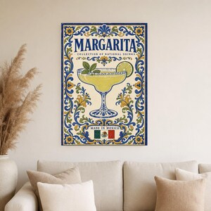 Margarita Cocktail Tile Wall Art Print | Mexico National Drink Poster | Azulejo Bar Cart Print | Maiolica Kitchen Decor image 4