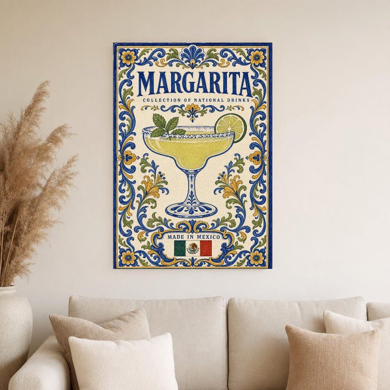 Margarita Cocktail Tile Wall Art Print | Mexico National Drink Poster | Azulejo Bar Cart Print | Maiolica Kitchen Decor image 4
