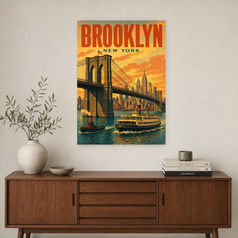 Pôster de viagem do Brooklyn | Impressão vintage da Ponte do Brooklyn dos anos 1950 | Impressão de arte de parede de Nova York | Decoração urbana de meados do século imagem 2