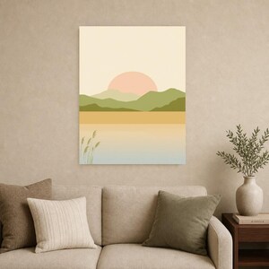 Cuadro decorativo de atardecer en la montaña verde salvia | Póster minimalista de paisaje zen | Lámina para salón con ambiente tranquilo y natural imagen 8
