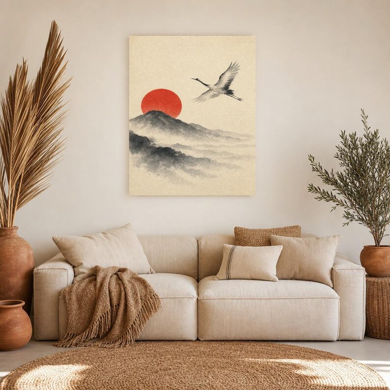 Red Sun Mountain Japandi Wall Art Print | Sumi-e Crane Print | Wabi Sabi Zen Office Poster image 7