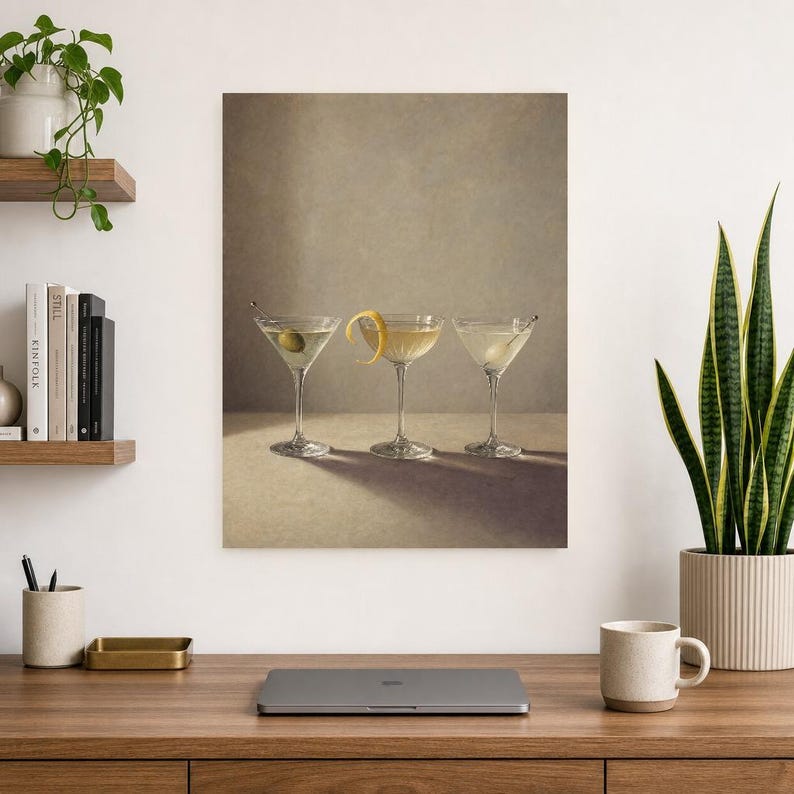 Arte de parede de produtos vidreiros Moody Martini | Do cocktail vida mínima ainda pôster | Impressão de decoração de carrinho de bar | Arte imagem 8