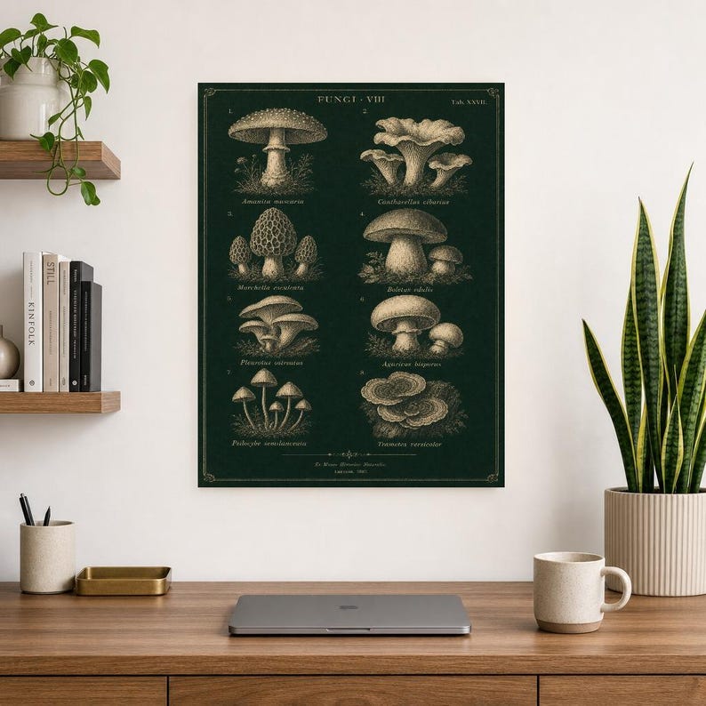 Mushroom Botanical Wall Art Print | Dark Academia Mycology Poster | Vintage Fungi Illustration | Forest Green Natural History Decor image 8