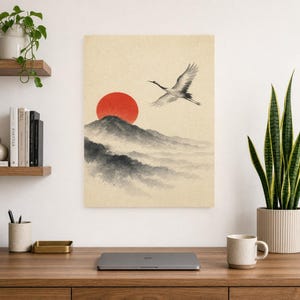 Red Sun Mountain Japandi Wall Art Print | Sumi-e Crane Print | Wabi Sabi Zen Office Poster image 8