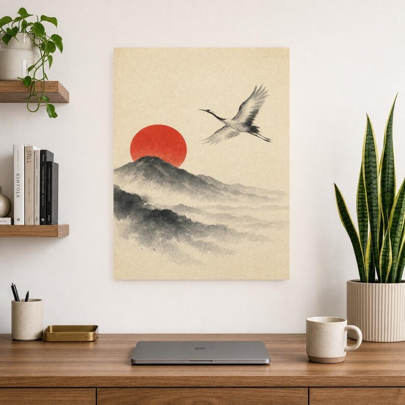 Red Sun Mountain Japandi Wall Art Print | Sumi-e Crane Print | Wabi Sabi Zen Office Poster image 8
