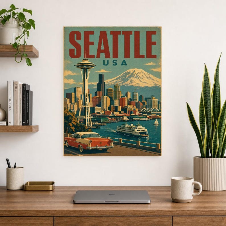 Seattle Travel Poster | Vintage 1950s Space Needle Print | Retro Washington Wall Art | Mid Century City Decor image 8