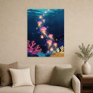 Bioluminescent Jellyfish Poster | Deep Sea Ocean Bathroom Wall Art Print | Dark Coastal Night Print image 15