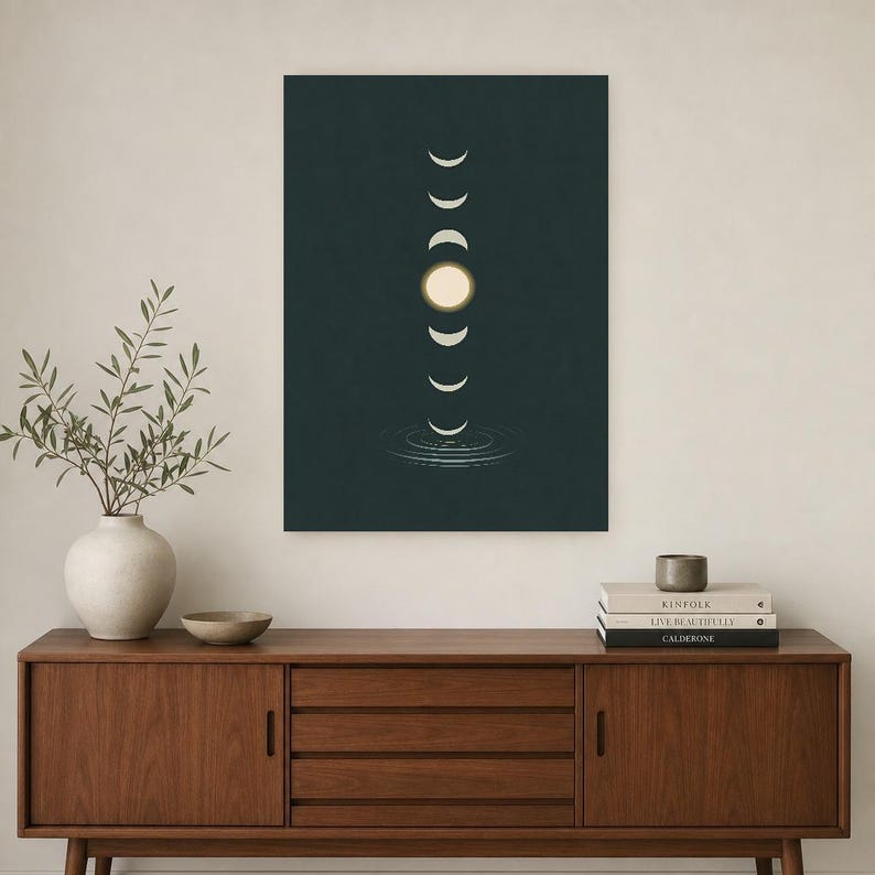 Emerald Moon Phase Wall Art | Zen Water Ripple Poster | Dark Japandi Moody Minimalist Print image 2