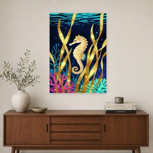 Biolumineszierendes Seepferdchen-Poster | Tiefsee-Ozean-Badezimmer-Wandkunstdruck | Dunkler Küstennachtdruck Bild 3