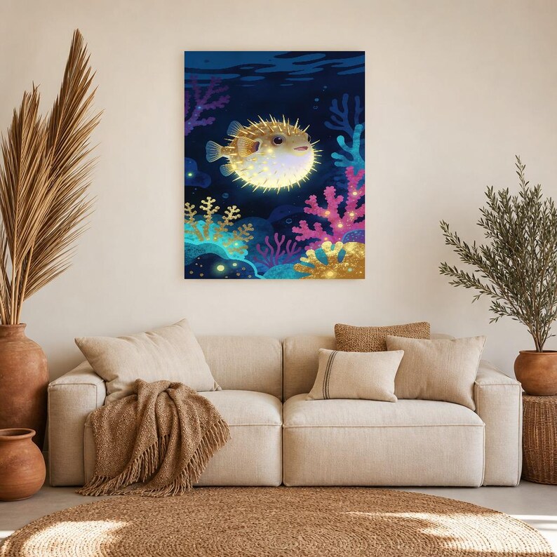 Bioluminescent Pufferfish Poster | Deep Sea Ocean Bathroom Wall Art Print | Dark Coastal Night Print image 11
