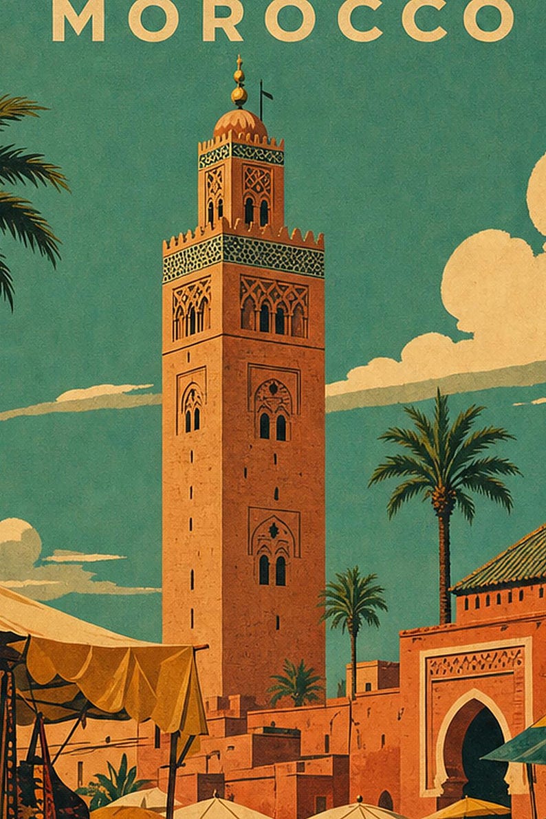 Plakat podróżniczy z Marrakeszu | Druk z targu w stylu vintage | Sztuka ścienna z Maroka | Wydruk i wysyłka zdjęcie 3