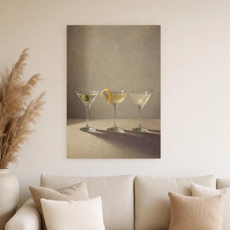 Arte de parede de produtos vidreiros Moody Martini | Do cocktail vida mínima ainda pôster | Impressão de decoração de carrinho de bar | Arte imagem 4