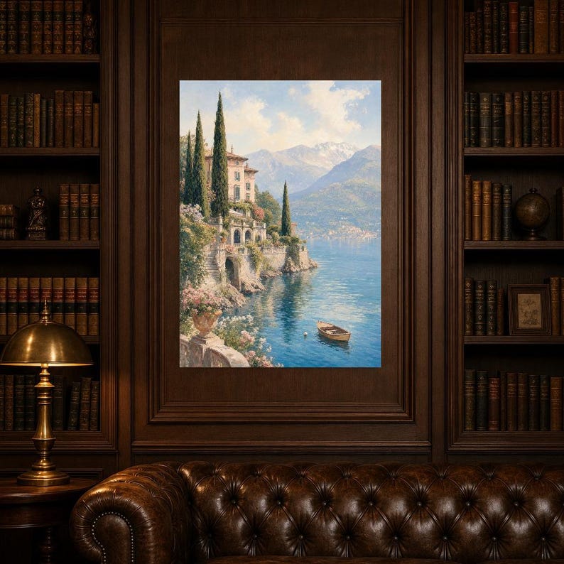 Lake Como Travel Poster | Soft Painting Italy Wall Art | Italian Lake Villa Print | Printed & Shipped image 5