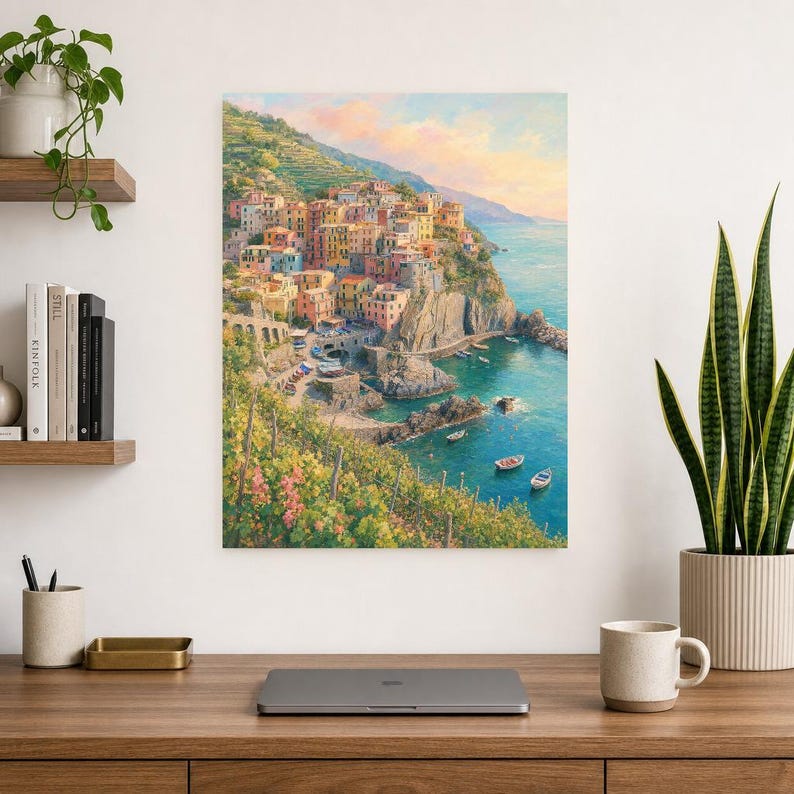 Reisposter Cinque Terre | Zachte schildering Italië Muurdecoratie | Kustprint van Manarola | Gedrukt en verzonden afbeelding 8