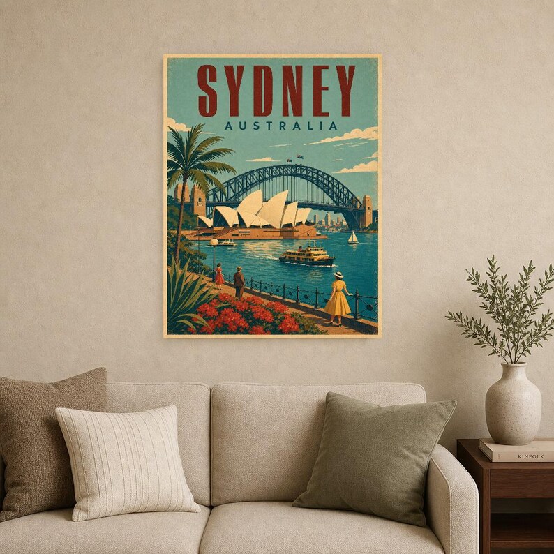 Reseaffisch med Sydney | Vintagetryck av operahuset | Australisk väggkonst | Tryckt och skickad bild 9
