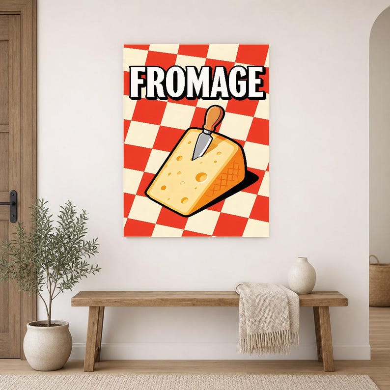 Kaas keuken kunst aan de muur print | Retro Bistro Voedselposter | Maximalistische Franse keukenprint | Eetkamerdecoratie afbeelding 14