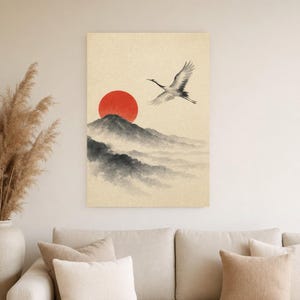 Red Sun Mountain Japandi Wall Art Print | Sumi-e Crane Print | Wabi Sabi Zen Office Poster image 4