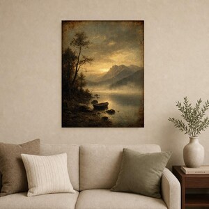 Moody Mountain Lake Rowboat Wall Art Print | Vintage Oil Painting Print | Misty Tonalist Landscape Decor | Ancient Dawn Poster image 9