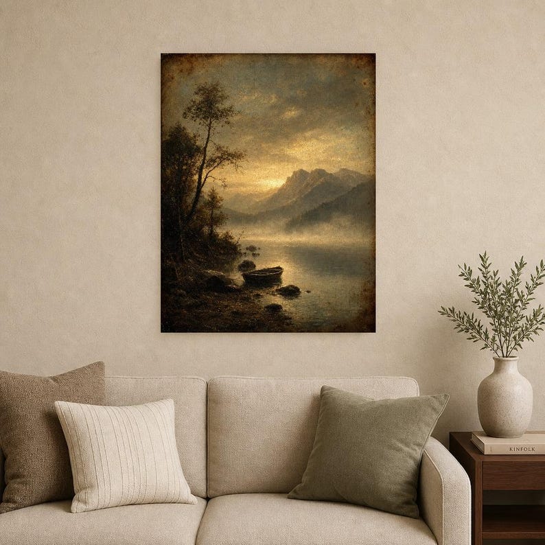 Moody Mountain Lake Rowboat Wall Art Print | Vintage Oil Painting Print | Misty Tonalist Landscape Decor | Ancient Dawn Poster image 9