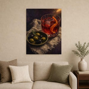 Red Negroni Olives Wall Art Print | Moody Aperitivo Still Life Poster | Bar Cart Decor Print | Cocktail Wall Art image 9