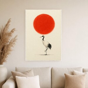 Minimale Rote Sonne Japandi Wandkunst | Einzelkran-Tintendruck | Zen-Wandkunst-Poster Bild 4