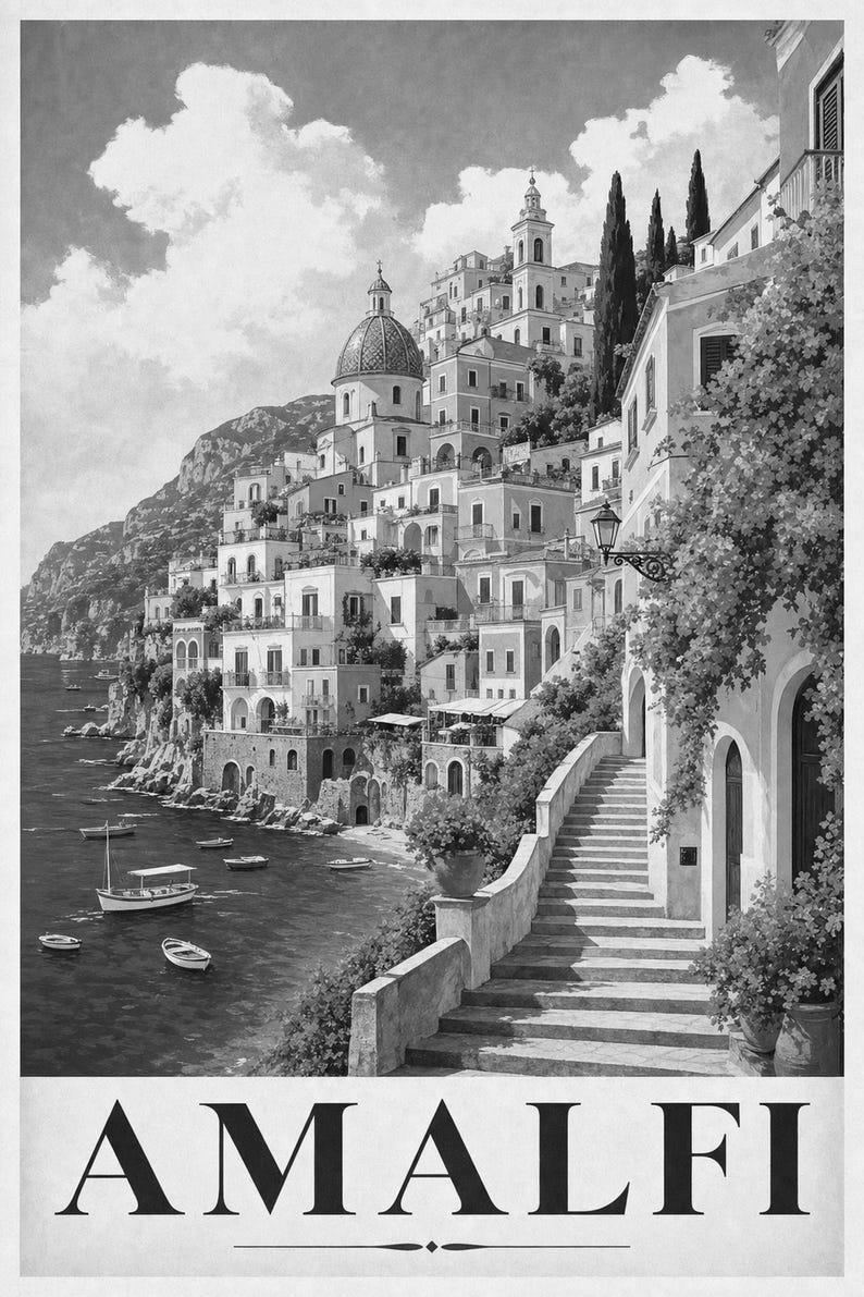 Amalfi Coast Wall Art Print | Italian Village Travel Poster | Positano Pastel Houses Print | Vintage Dolce Vita Decor | Mediterranean Art image 10