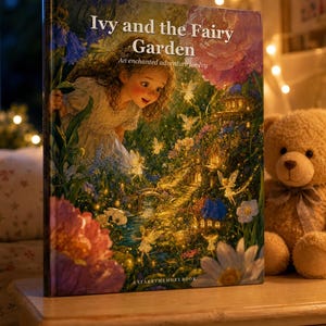Peut inclure: Un livre relié intitulé Ivy and the Fairy Garden: An enchanted adventure for Ivy, présentant une illustration colorée d'un enfant regardant un jardin lumineux avec des petites figures ailées, des fleurs et des maisons, marqué A STARRYMEMORY BOOK.