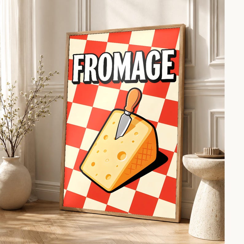 Kaas keuken kunst aan de muur print | Retro Bistro Voedselposter | Maximalistische Franse keukenprint | Eetkamerdecoratie afbeelding 1