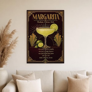 Arte de pared con receta de Margarita Art Déco dorado | Póster de receta de cóctel de lima | Impresión de decoración de carrito de bar | Art imagen 4