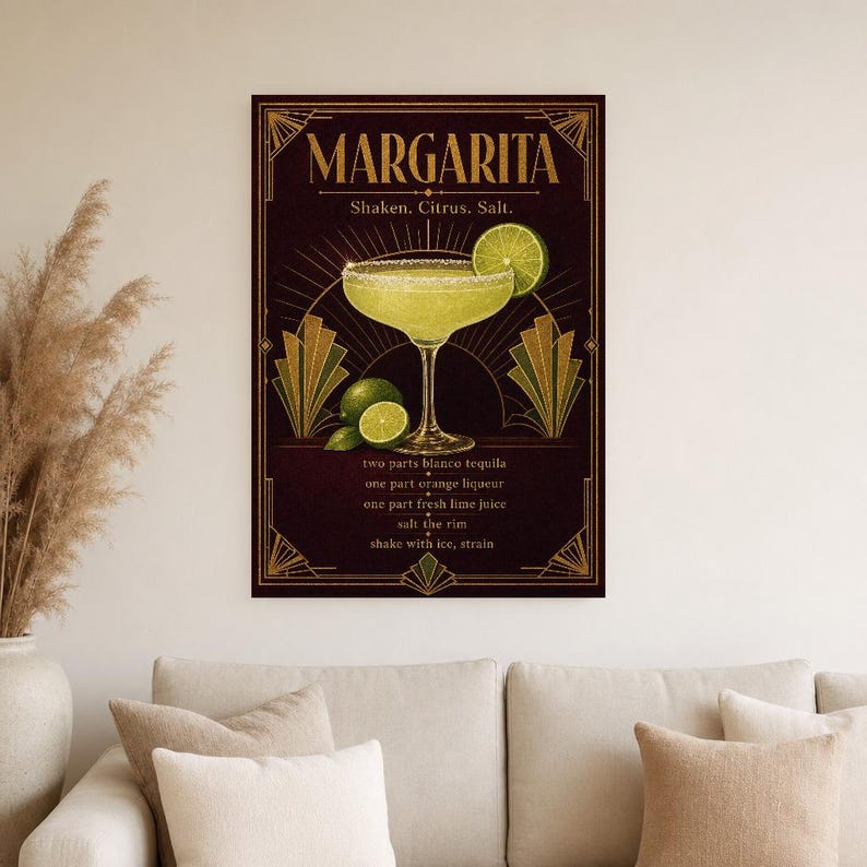 Arte de pared con receta de Margarita Art Déco dorado | Póster de receta de cóctel de lima | Impresión de decoración de carrito de bar | Art imagen 4