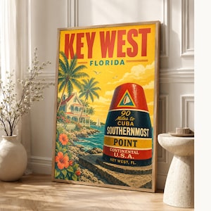 Key West Travel Poster | Vintage Southernmost Point Print | Florida Wall Art Print | Mid Century City Decor image 1