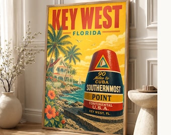 Key West Travel Poster | Vintage Southernmost Point Print | Florida Wall Art Print | Mid Century City Decor