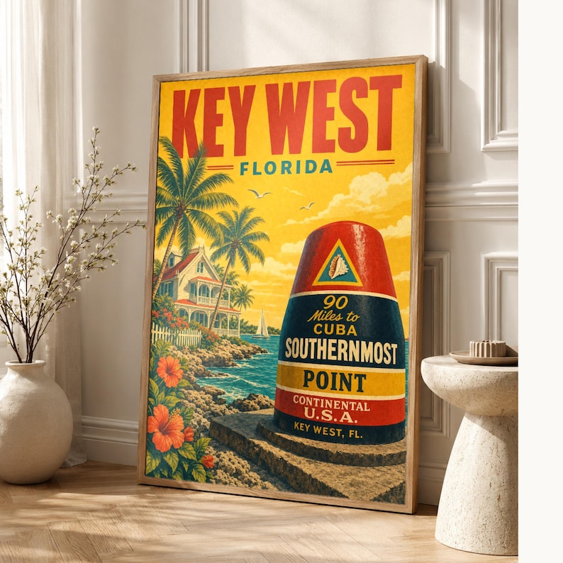 Key West Travel Poster | Vintage Southernmost Point Print | Florida Wall Art Print | Mid Century City Decor image 1