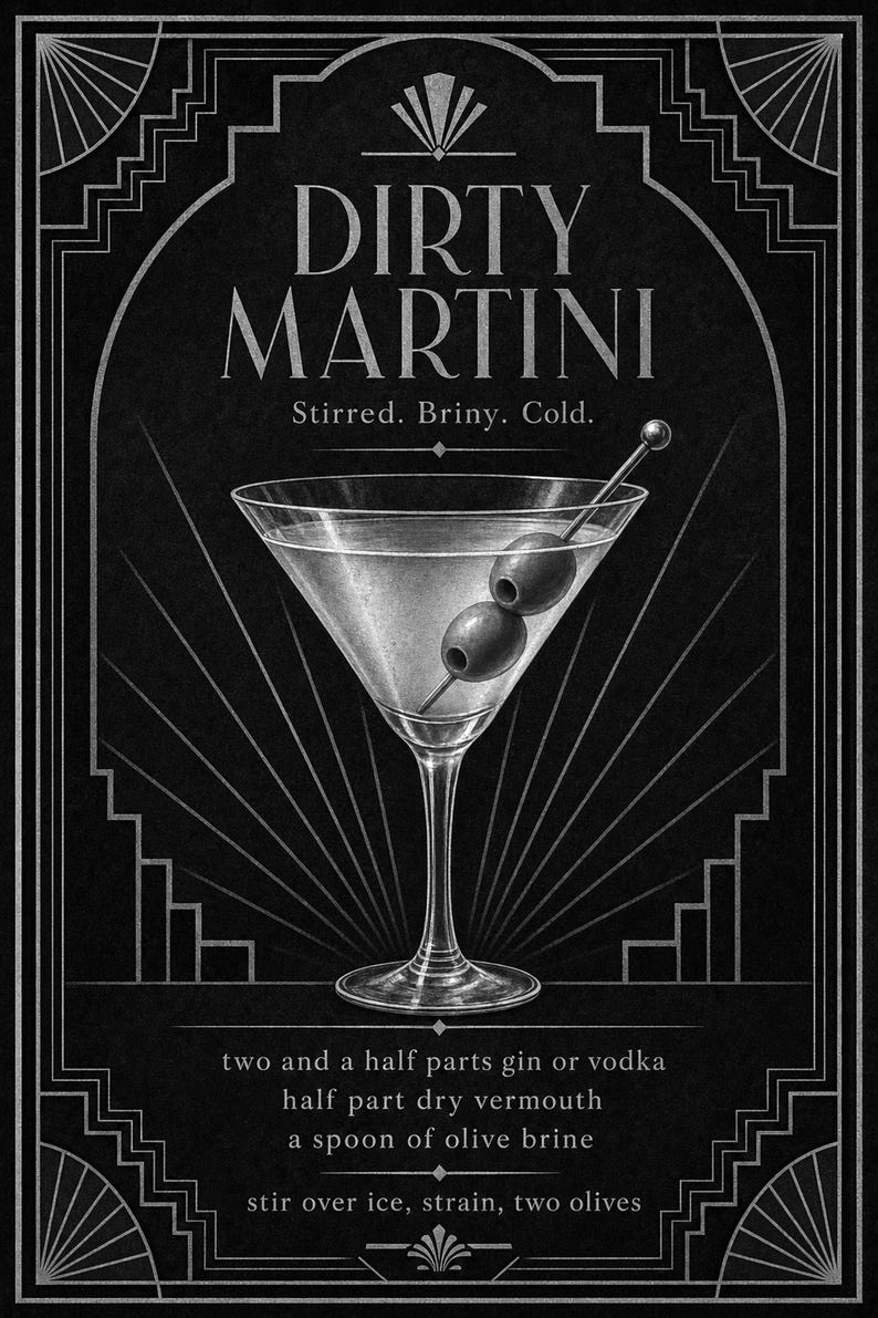 Olive Green Art Deco Dirty Martini Recipe Wall Art Print | Gold Cocktail Recipe Poster | Bar Cart Decor Print | Kitchen Wall Art image 10