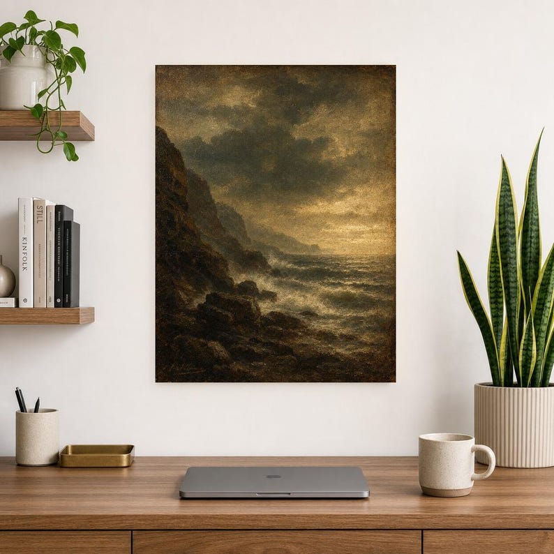 Moody Stormy Rocky Coast Wall Art Print | Vintage Oil Painting Print | Dramatic Seascape Tonalist Decor | Antique Cliff Poster image 8