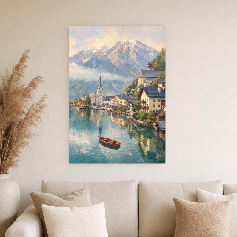Póster de viaje de Hallstatt | Pintura suave para pared en Austria | Lámina de pueblo alpino junto al lago | Impreso y enviado imagen 4