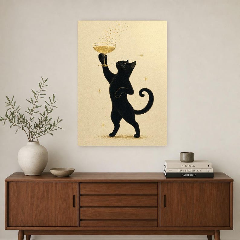 Arte de pared de champán de gato negro | Póster Coupé dorado | Impresión del carrito de la barra | Decoración de celebración del Chic Noir C imagen 2