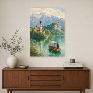 Lake Bled Travel Poster | Soft Painting Slovenia Wall Art | Alpine Island Church Print | Printed & Shipped image 2