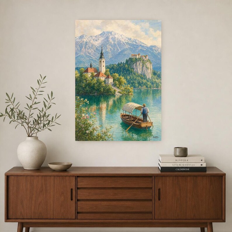 Lake Bled Travel Poster | Soft Painting Slovenia Wall Art | Alpine Island Church Print | Printed & Shipped image 2