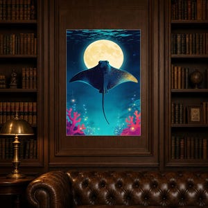 Bioluminescent Manta Ray Poster | Deep Sea Ocean Bathroom Wall Art Print | Dark Coastal Night Print image 4