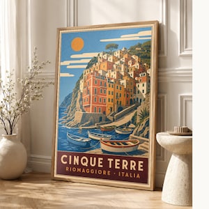 Cinque Terre Travel Poster | Riomaggiore Vintage Wall Art Print | Italian Coast Print | Italian Riviera Decor | Colorful Village Art image 1