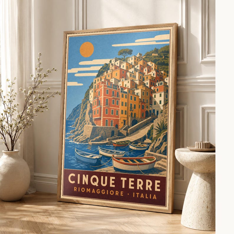 Cinque Terre Travel Poster | Riomaggiore Vintage Wall Art Print | Italian Coast Print | Italian Riviera Decor | Colorful Village Art image 1