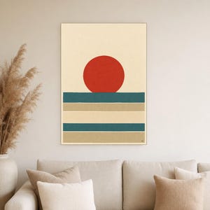 Tomato Red Sun Nordic Lake Wall Art Print | Minimalist Sun Poster | Cut-Paper Mid-Century Print | Gray Blue Scandi Decor image 4