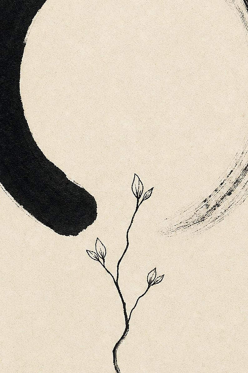 Zen Enso and Branch Japandi Wall Art Print | Mono Line Ink Print | Wabi Sabi Cream Poster Decor image 3
