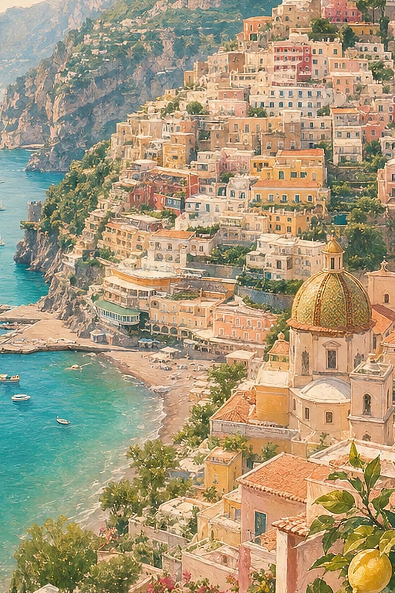 Amalfi Coast Travel Poster | Soft Painting Italy Wall Art | Mediterranean Coastal Print | Printed & Shipped image 3